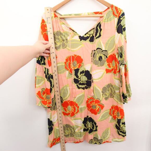 Crown & Ivy Dress Peach Floral Pattern Tassel V Neck Sundress Bell Sleeve Double - Picture 4 of 10